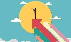 Business vision and target. Businessman holding telescope standing on arrow up go to success in career. Concept business, Achievement, Character, Leader, Vector illustration flat